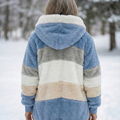 Back view of colorblock plush zip-up hoodie jacket, blue, cream, and tan stripe panels