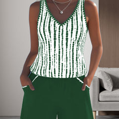 Two-piece printed v-neck swimsuit set: green striped top with matching green shorts