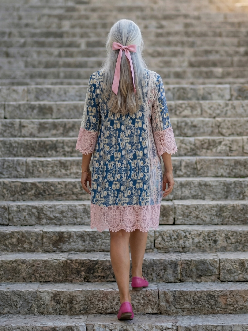 Floral vintage garden dress back view with ribbon tie and pink lace hem