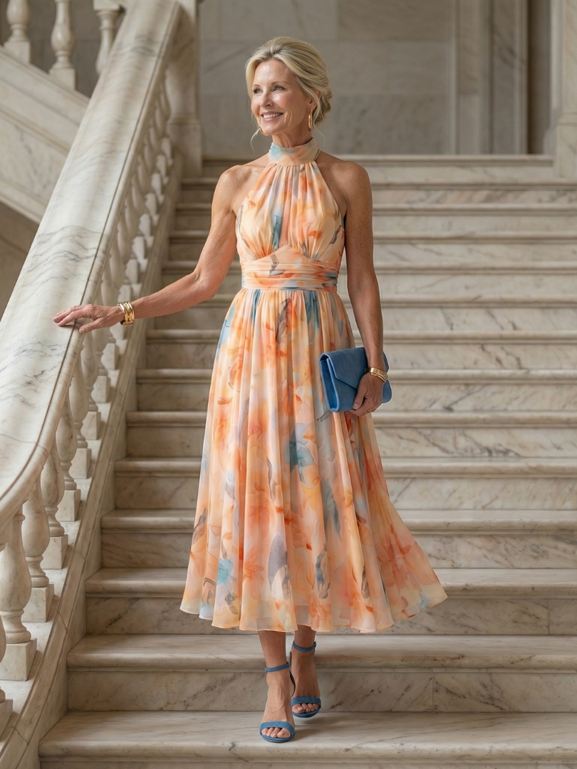 Watercolor orange-and-blue halter midi dress with tie-neck, gathered bodice, A-line skirt