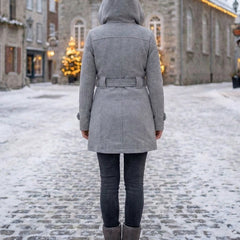 Back view plaid-collar wool coat, light gray, hood with belt at waist