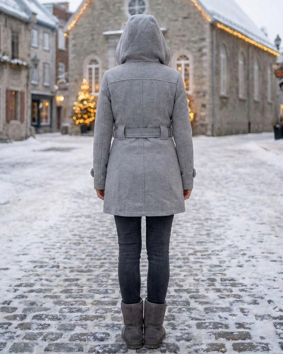 Back view plaid-collar wool coat, light gray, hood with belt at waist