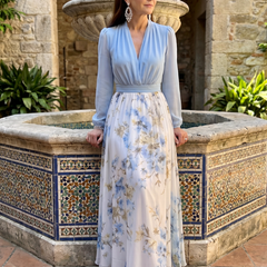 Sky blue V-neck sheer bodice floral maxi dress, long sleeves, gathered waist