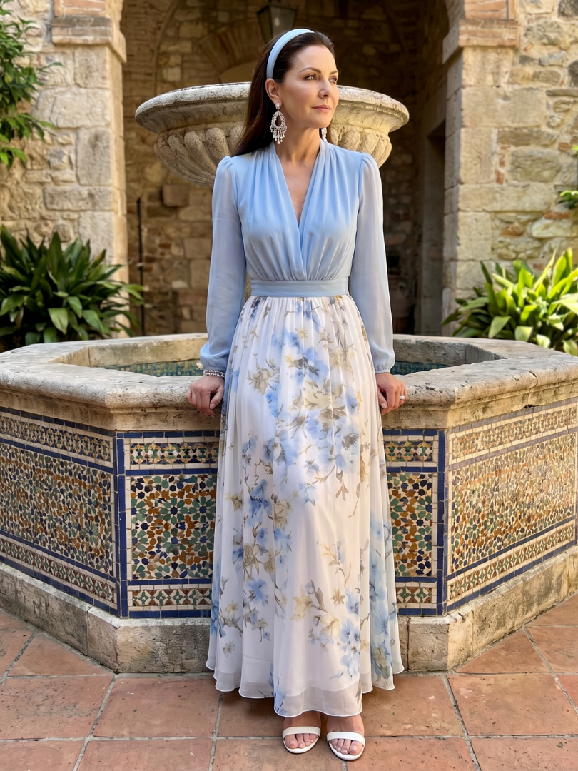 Sky blue V-neck sheer bodice floral maxi dress, long sleeves, gathered waist