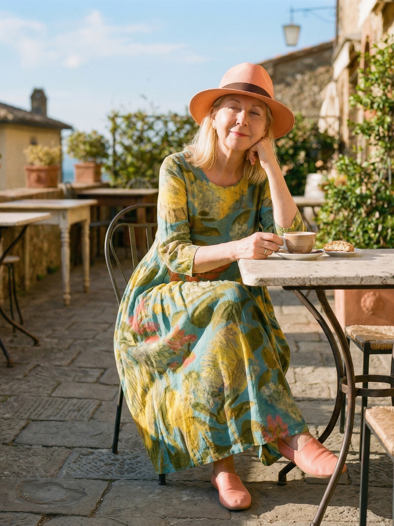 Painterly canvas midi dress in teal/yellow/coral, seated, relaxed loose fit