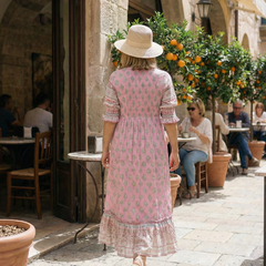 Pink V-neck tiered midi dress with short puff sleeves, patterned print, back view