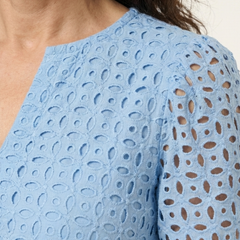 Sky blue short sleeve with cutout shoulder detail on textured eyelet fabric