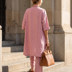 Pink three-piece set: long cardigan and matching wide-leg trousers, back view