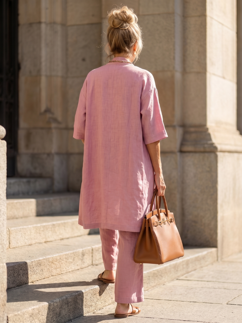 Pink three-piece set: long cardigan and matching wide-leg trousers, back view