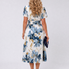 Floral print wrap midi dress, short sleeves and tie waist, back view