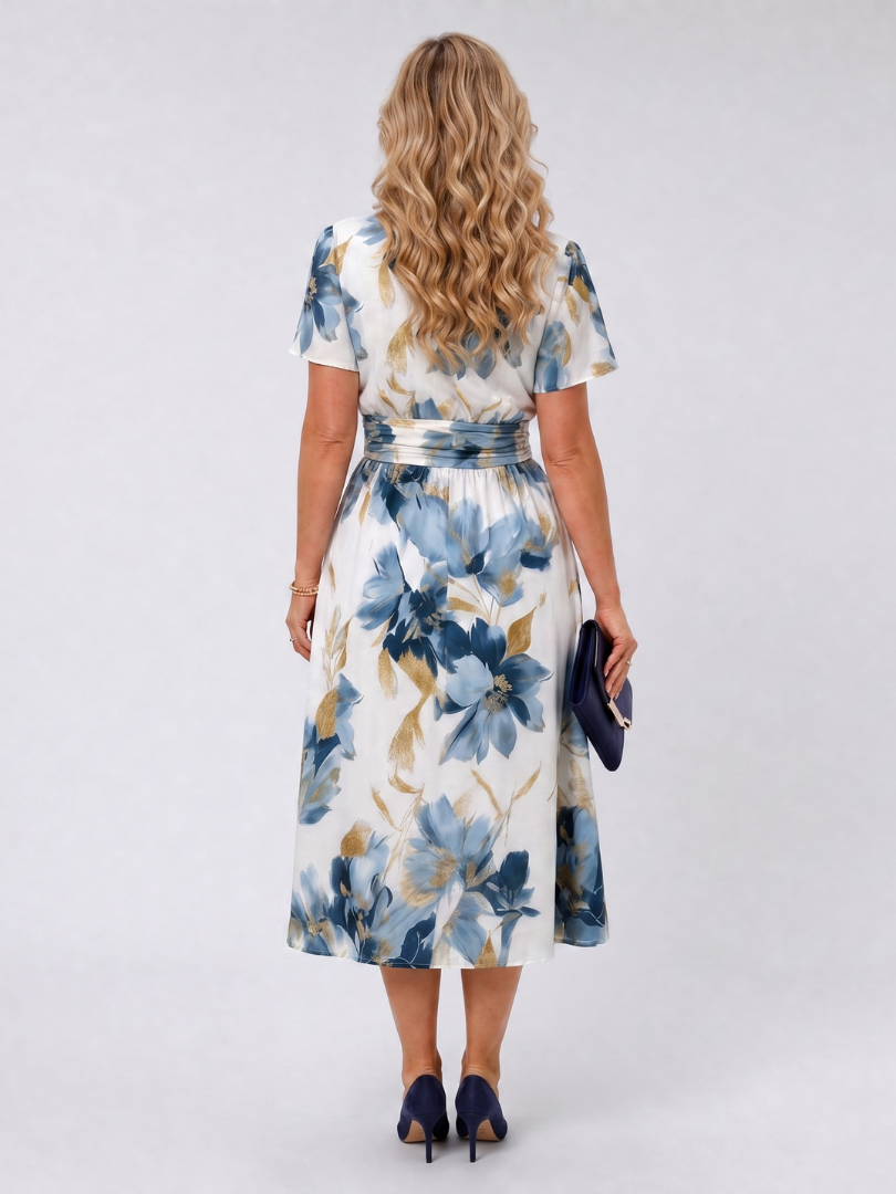 Floral print wrap midi dress, short sleeves and tie waist, back view