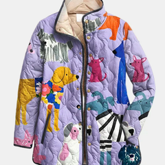 Multicolor quilted dog-print jacket with button front and lined hood