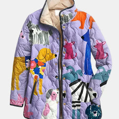 Lilac quilted jacket with animal and geometric prints, button front