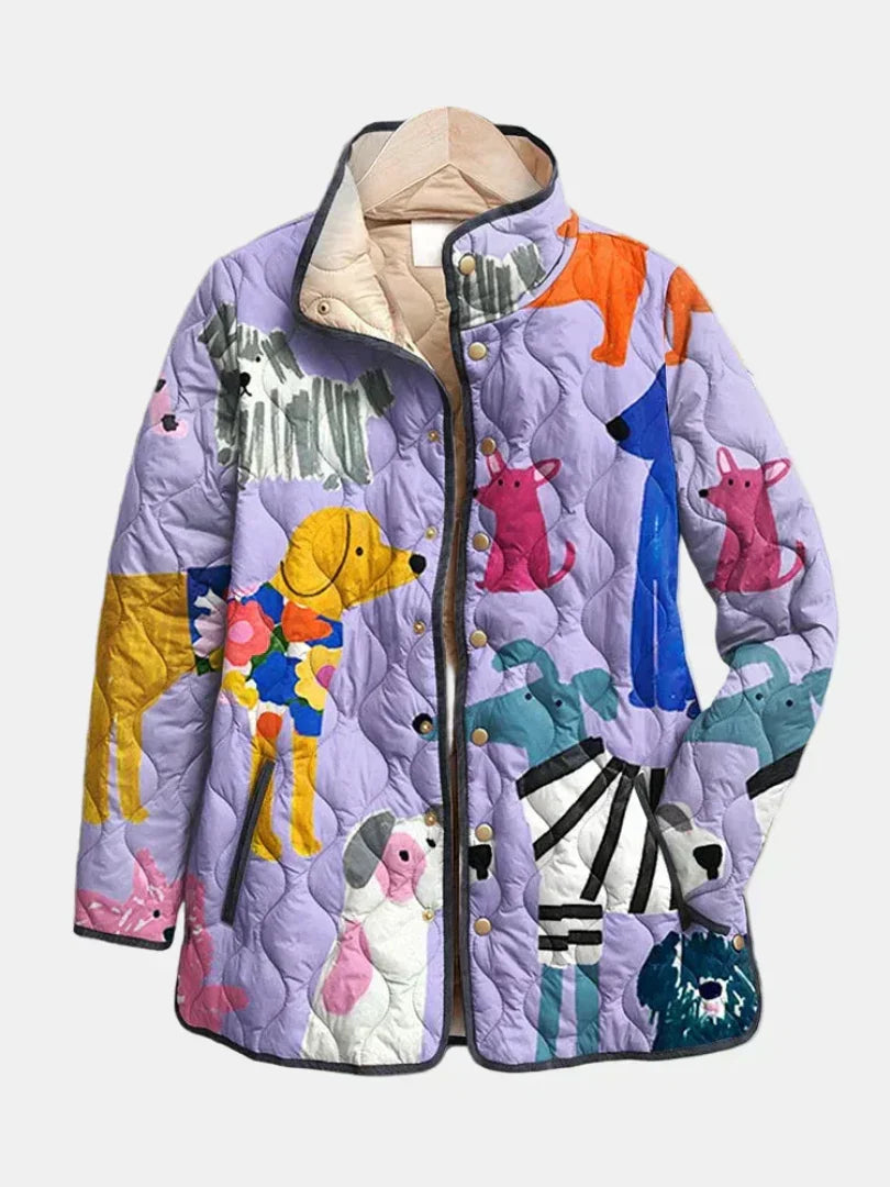 Lilac quilted jacket with animal and geometric prints, button front