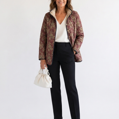 Retro floral print jacket in burgundy with open front and long sleeves