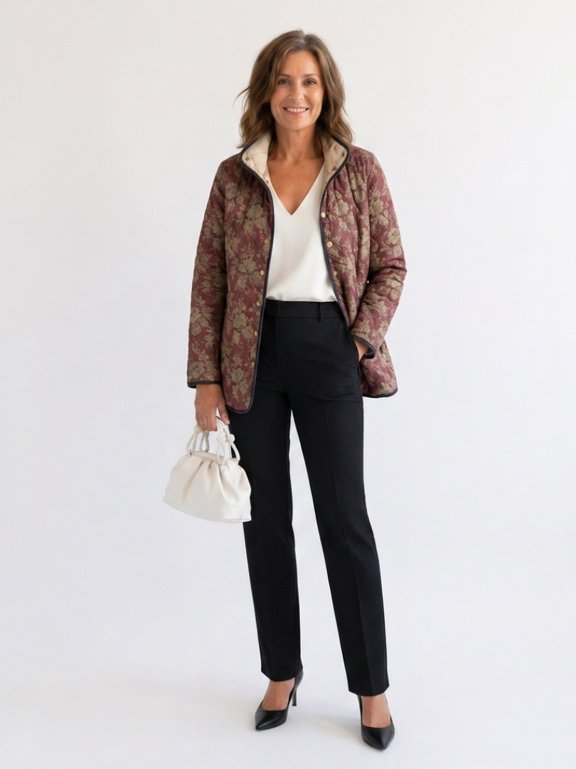 Retro floral print jacket in burgundy with open front and long sleeves