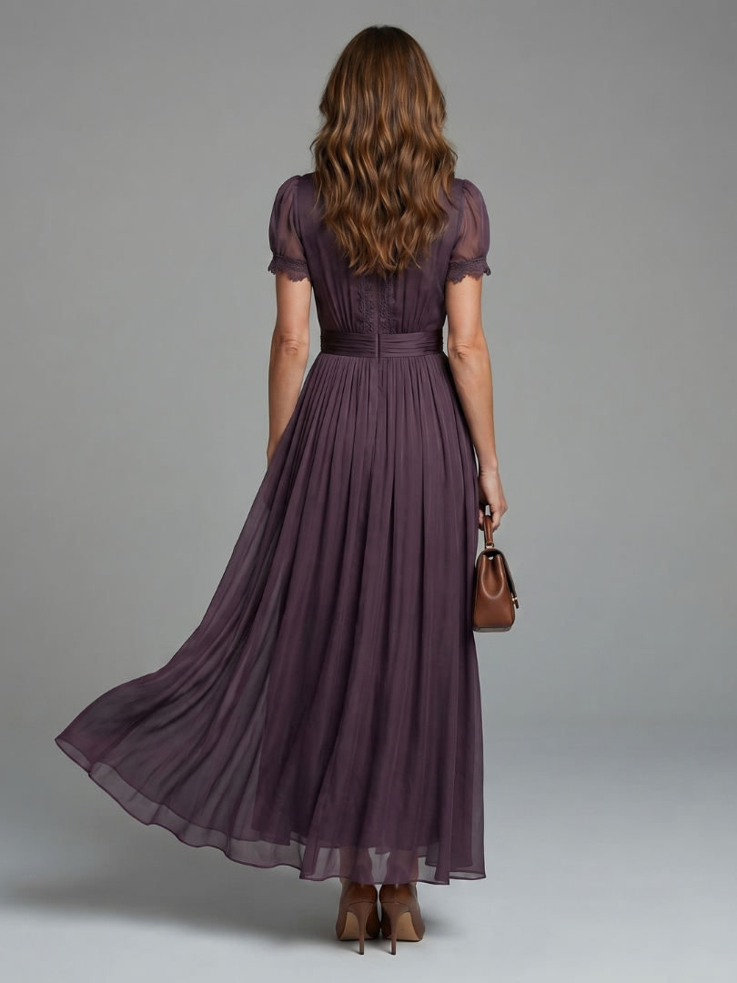 Purple keyhole maxi dress with puff sleeves, gathered waist, and flared pleated skirt