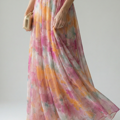 Multicolor soft-wrap maxi skirt with gathered waist and flowing side drape