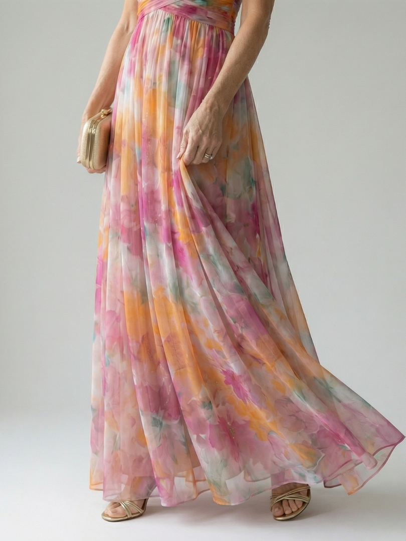 Multicolor soft-wrap maxi skirt with gathered waist and flowing side drape