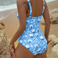 Blue printed one-piece tankini swimsuit with thin tank straps, back view