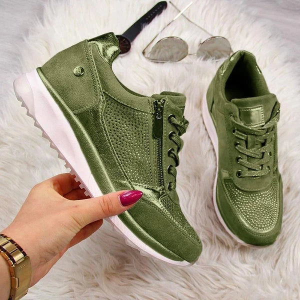 Olive green metallic zip-up comfort sneakers with lace-up front and side zipper