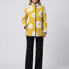 Yellow daisy-print quilted jacket with front zipper and stand collar