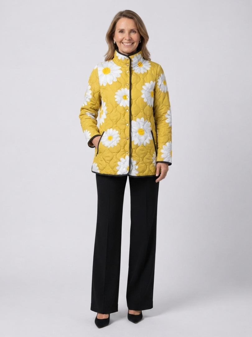 Yellow daisy-print quilted jacket with front zipper and stand collar