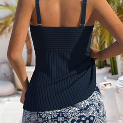 Navy ruched tankini swim set, square back straps, with blue paisley print skirt