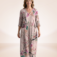 Floral relaxed dress in dusty rose with pink flowers, V-neck, 3/4 sleeves, midi length