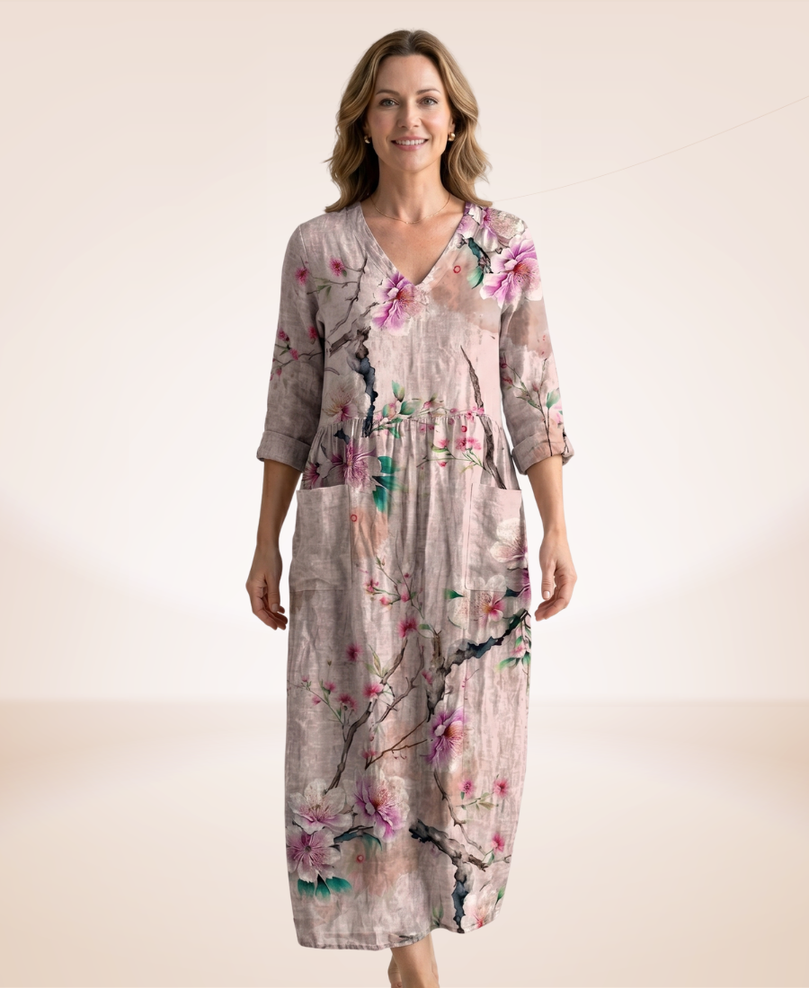 Floral relaxed dress in dusty rose with pink flowers, V-neck, 3/4 sleeves, midi length