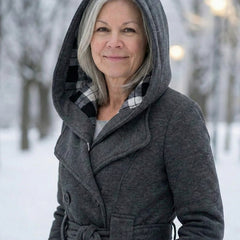 Plaid-collar wool coat, dark gray, hooded with plaid lining and belt tie