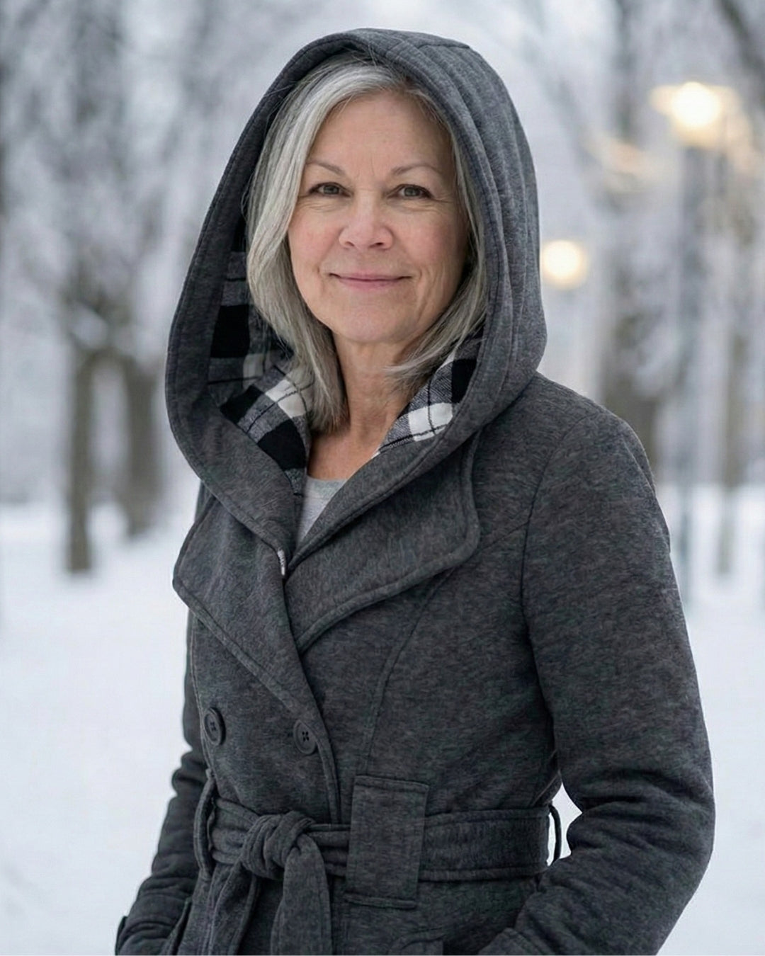 Plaid-collar wool coat, dark gray, hooded with plaid lining and belt tie