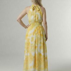 Yellow gathered halter midi dress, back view, tie-neck with gathered waist