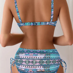 Printed bikini set back view: strappy bra with clasp and ruched high-cut bottoms with side ties.