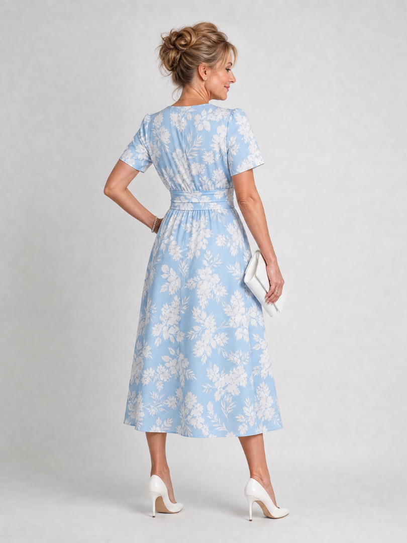 Light blue floral V-neck midi dress shown from back with short sleeves and waist gather