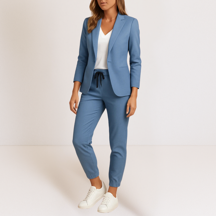 Blue blazer jacket and jogger pants set with cuffed ankles and drawstring waist