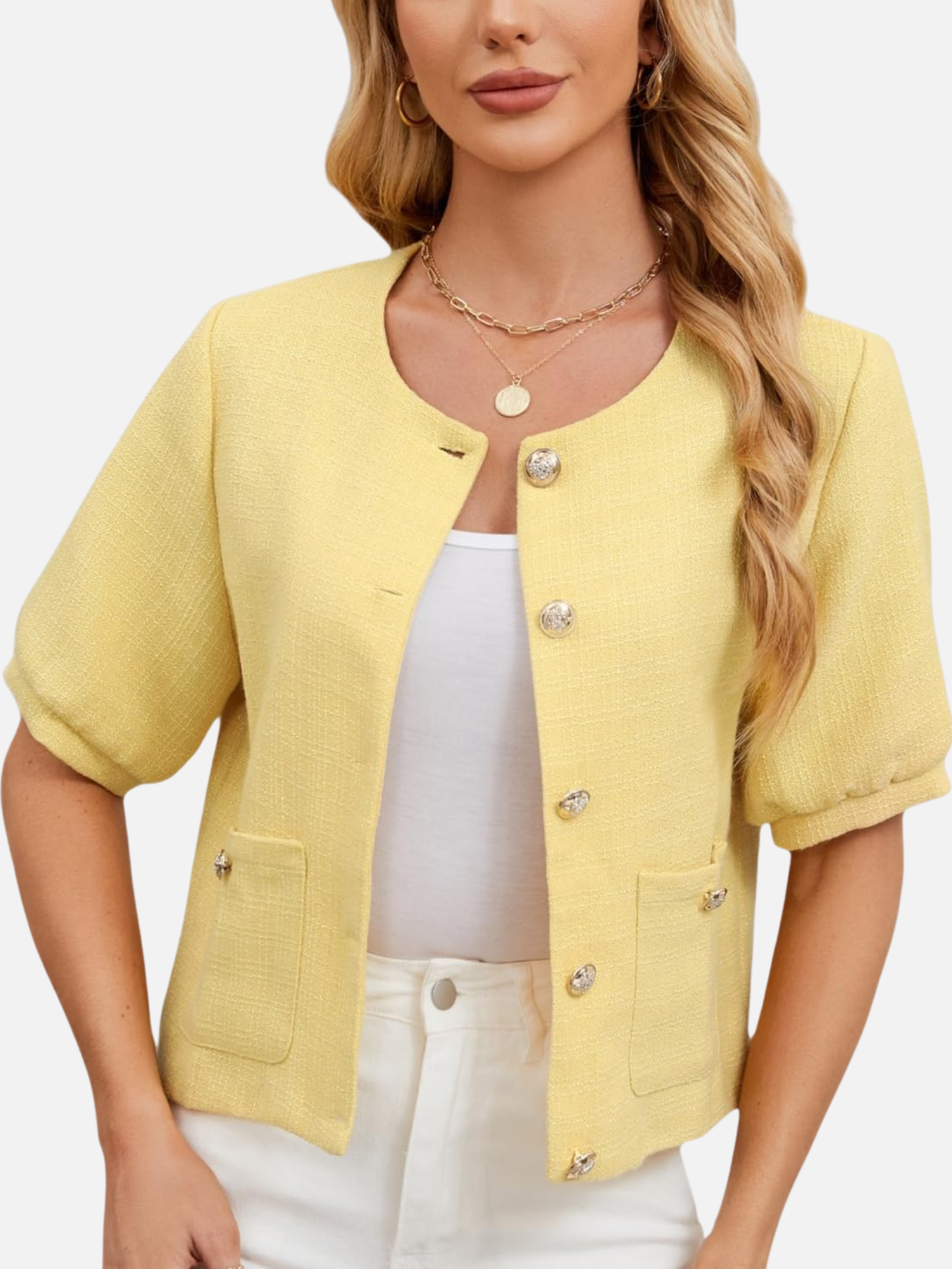 Cropped yellow tweed blazer jacket with short sleeves, gold-tone buttons, chest pocket