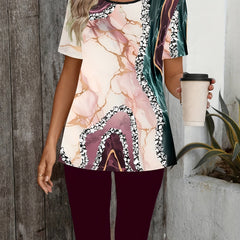 Printed stretch two-piece set, maroon capri leggings with multicolor short-sleeve top