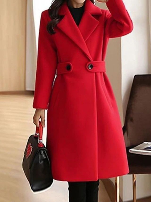 Bright red long overcoat with notched lapels, double buttons, and waist belt