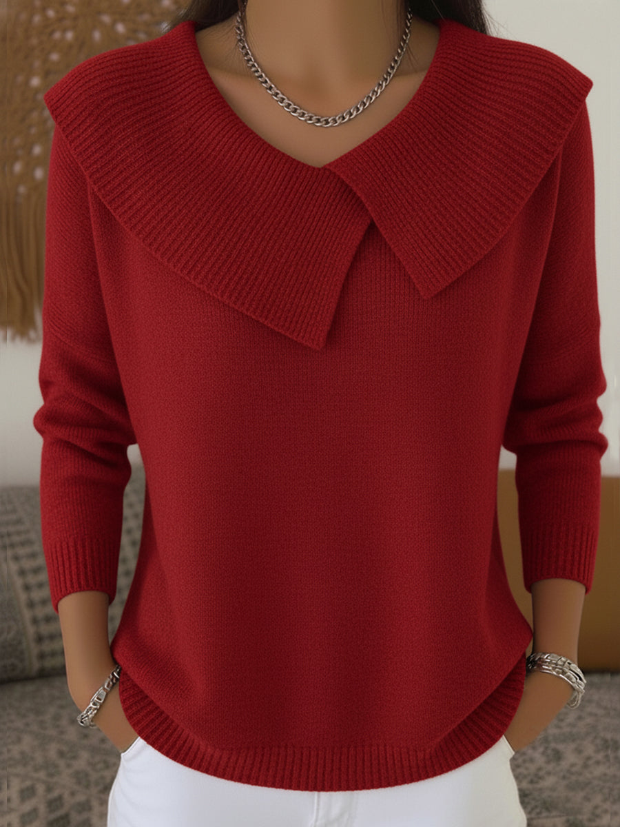 Red knit warm jumper with soft collar and V neckline
