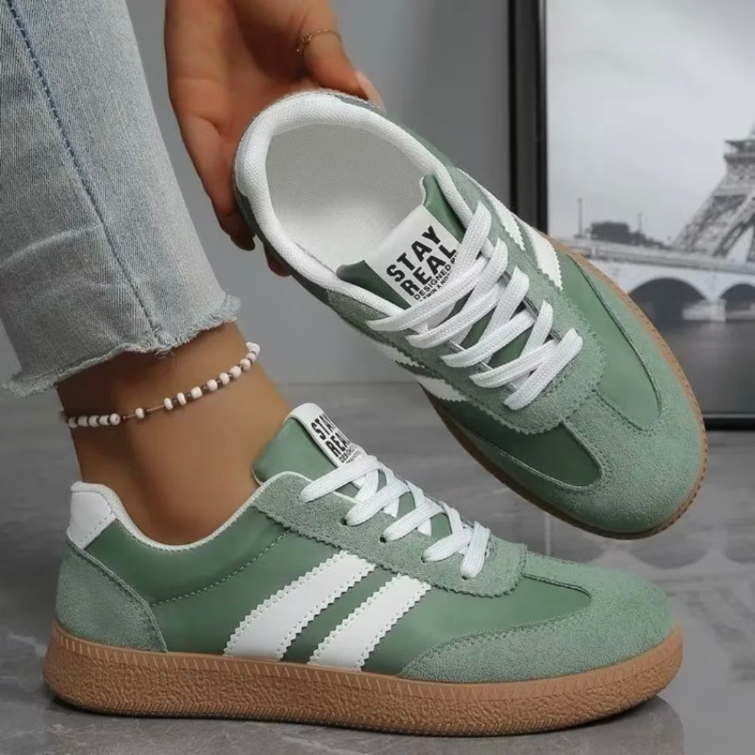 Comfort sneakers, green suede upper with white stripes and tan gum sole