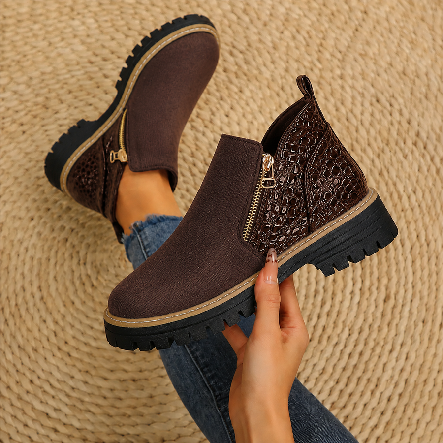 Women’s ankle boots with croc-texture side panel, dark brown suede, side zipper, tread sole