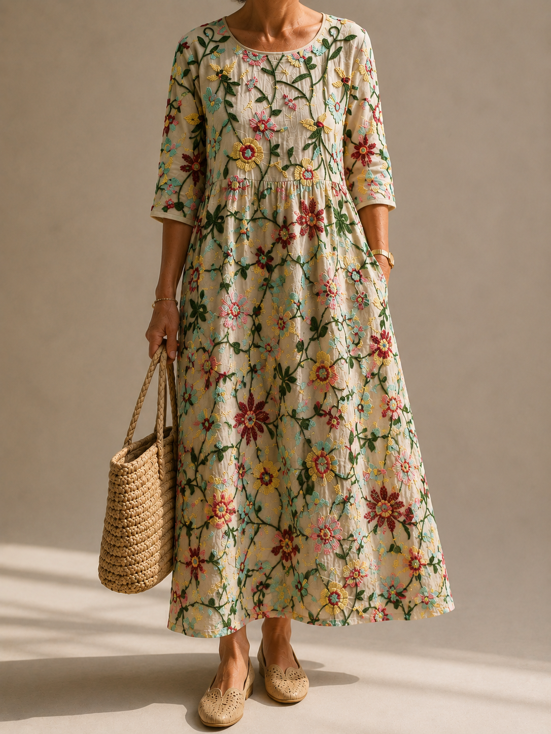 REBECCA flower dress with multicolor floral print, 3/4 sleeves and gathered waist