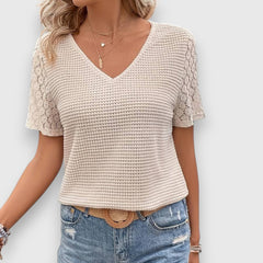 Emanie V-neck knit shirt with short lace sleeves, cream textured stitch