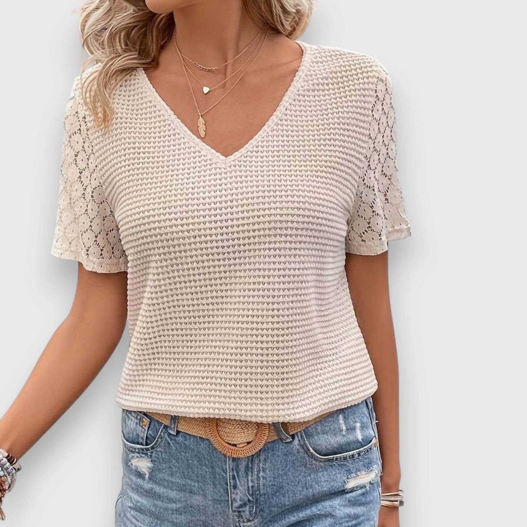 Emanie V-neck knit shirt with short lace sleeves, cream textured stitch