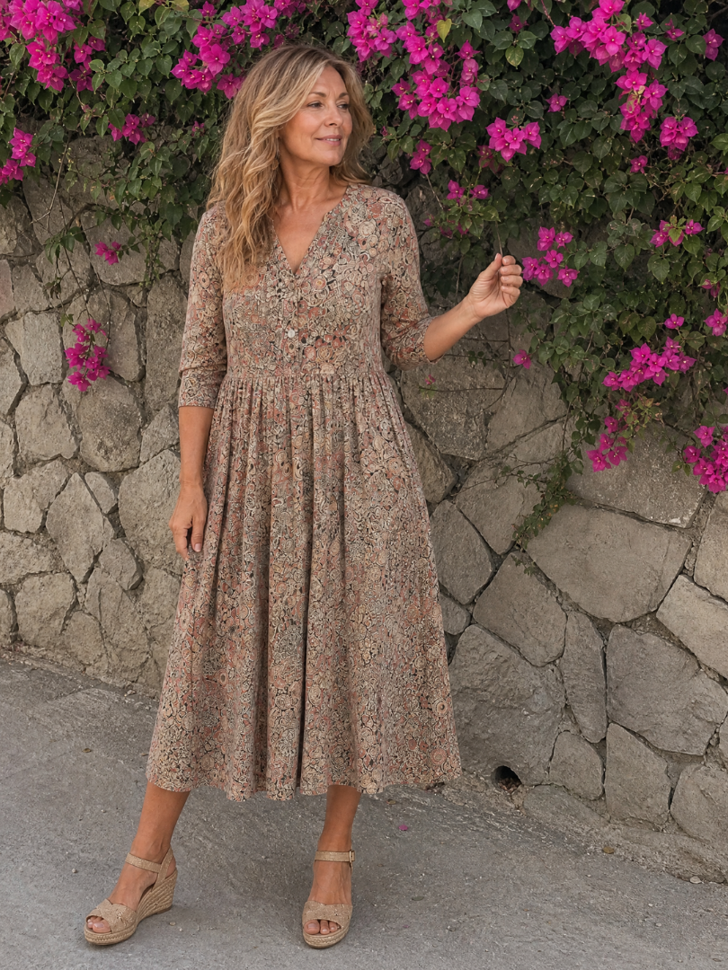 Beige floral midi dress with V-neck and three-quarter sleeves, full pleated skirt