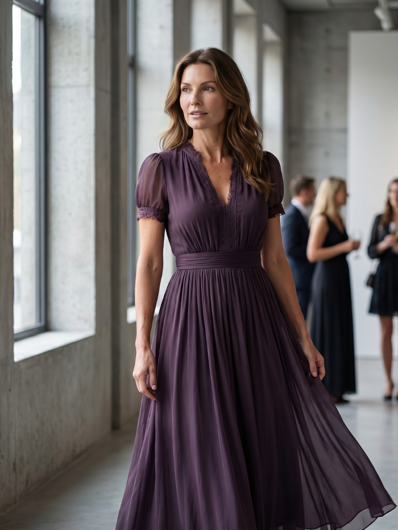 Purple keyhole maxi dress with puff sleeves and gathered waist, pleated full skirt