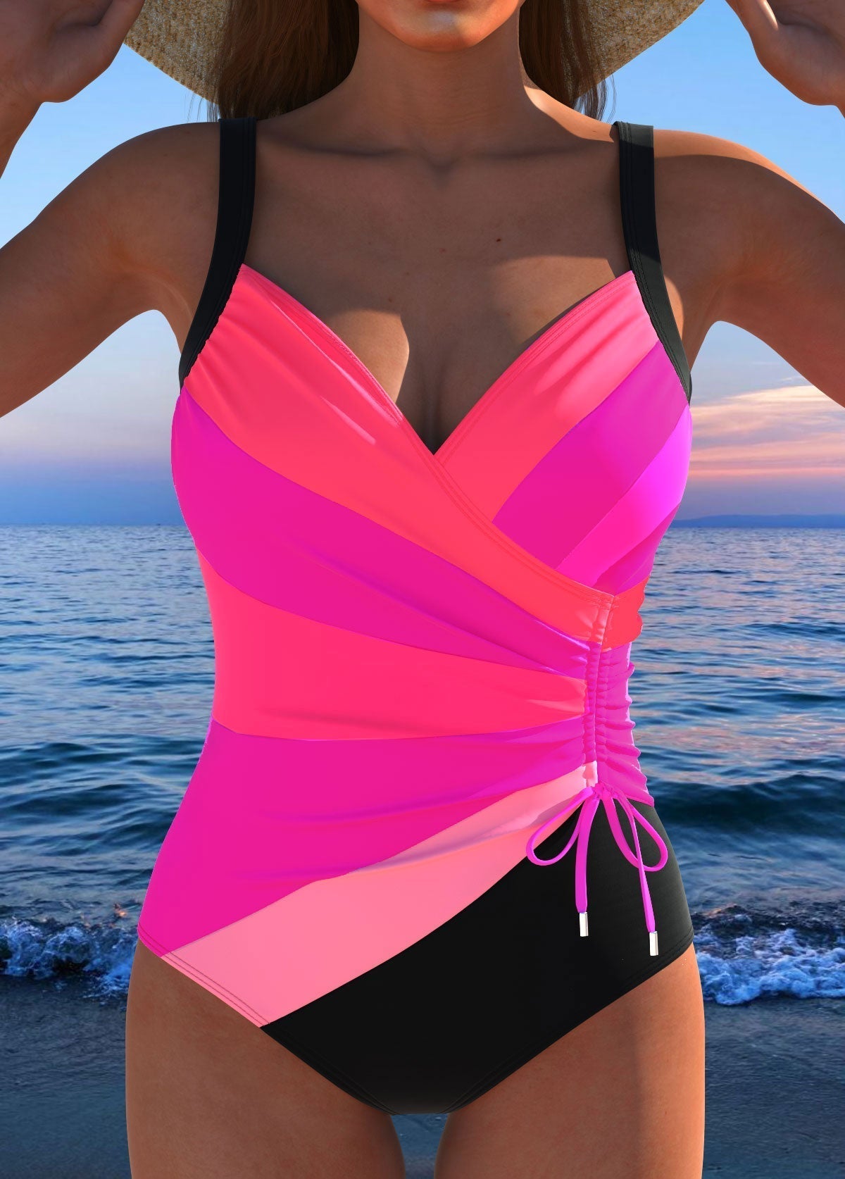 Pink surplice swimsuit with diagonal colorblocking, ruched front and side drawstring