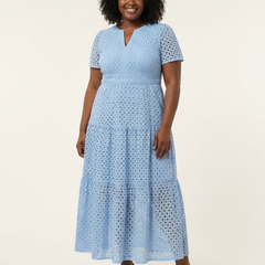 Sky blue V-neck short-sleeve tiered maxi dress, front view