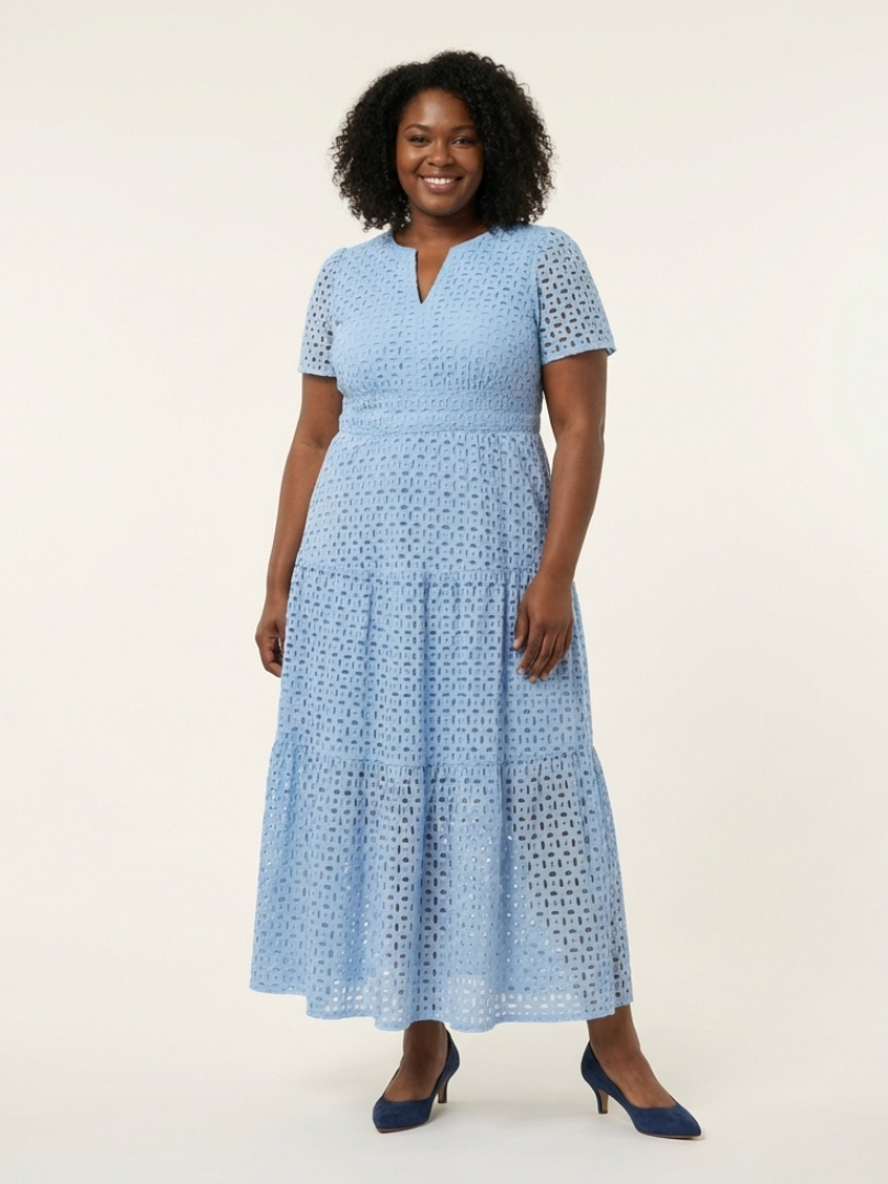 Sky blue V-neck short-sleeve tiered maxi dress, front view
